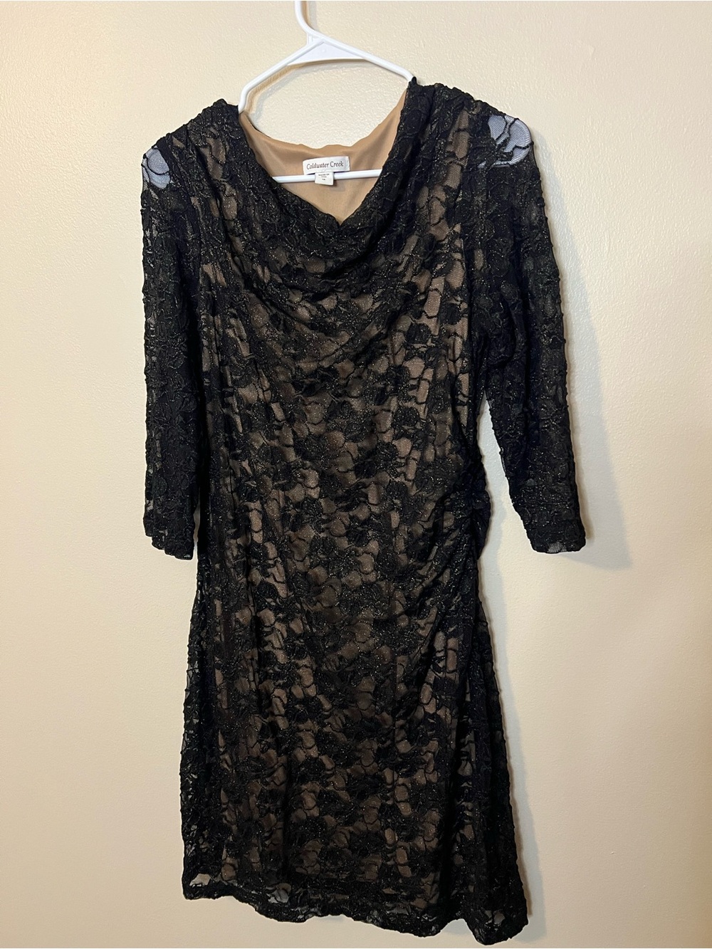Coldwater Creek Black Lace 3/4 Sleeve Cocktail Dress With Nude Toned Lining